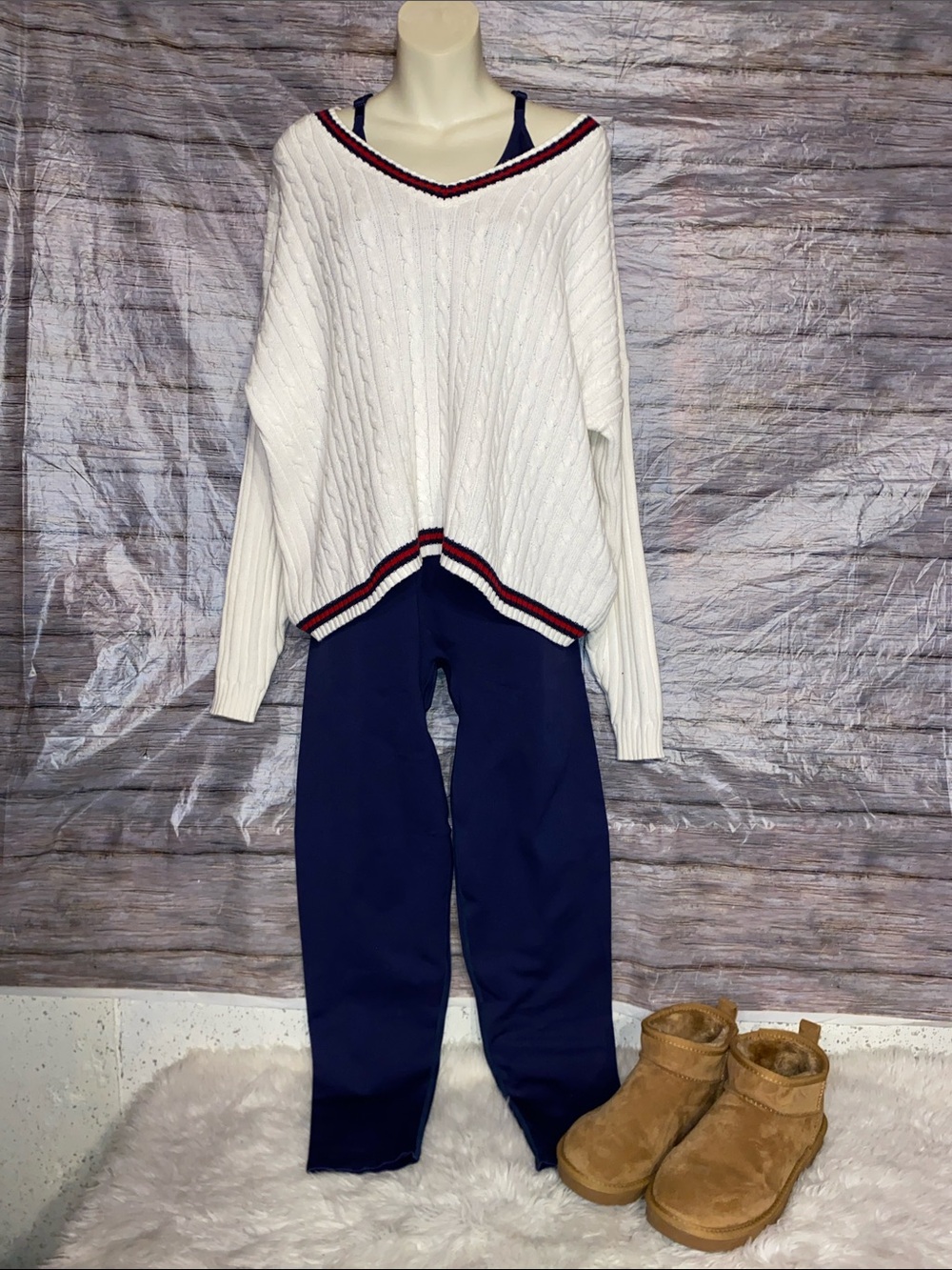 Hollister Cable-Knit V-Neck Sweater with Red & Navy Trim